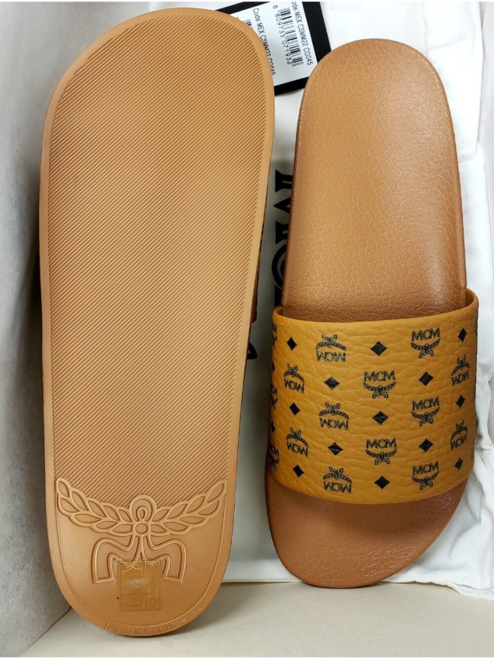 MCM Men's Monogram Print Rubber Slides Sandals in Cognac Size 45 / US 12 - Picture 4 of 5